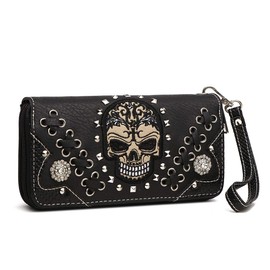 Sugar Skull Punk Art Rivet Studded Women Wallet Day of the Dead Wristlet Purse (Black)