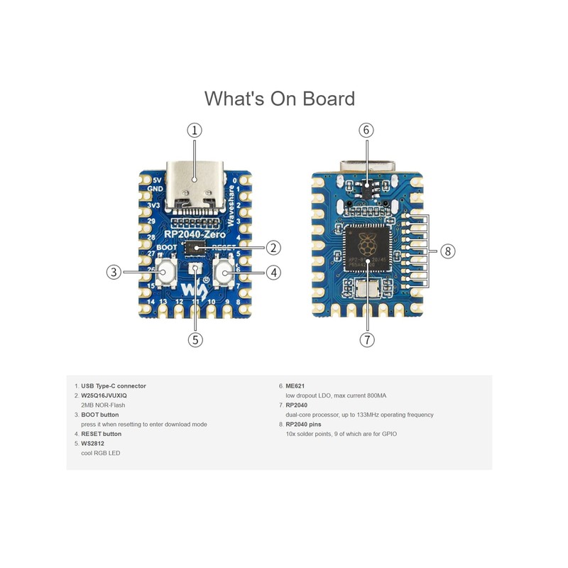 waveshare 2 Pack RP2040-Zero Mini Board High-Performance Pico-Like MCU Board