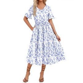 Zeagoo Womens Dresses Boho Short Sleeve V Neck Ruffle Sleeve Tiered Midi Dress Long Dresses with Pockets White Floral