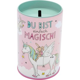 GRUSS & CO Money Box Unicorn Motif, Metal Tin with Money Slot Top, Height 9 cm, Diameter 6 cm, Gift for Starting School, School Cone, 74245