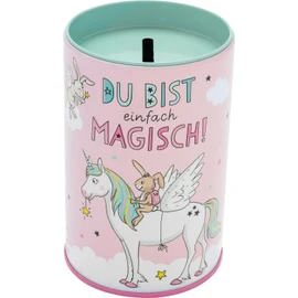 GRUSS & CO Money Box Unicorn Motif, Metal Tin with Money Slot Top, Height 9 cm, Diameter 6 cm, Gift for Starting School, School Cone, 74245