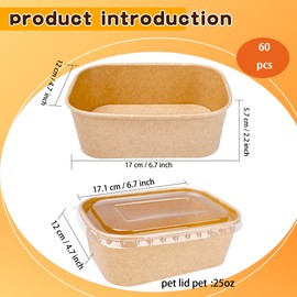 60 Pcs Disposable Kraft Paper Bowl Bulk Paper Meal Prep Container with Lids Rectangle Extra-Thick Leak-Proof Prep Food Container for Takeout Picnic (25 oz)