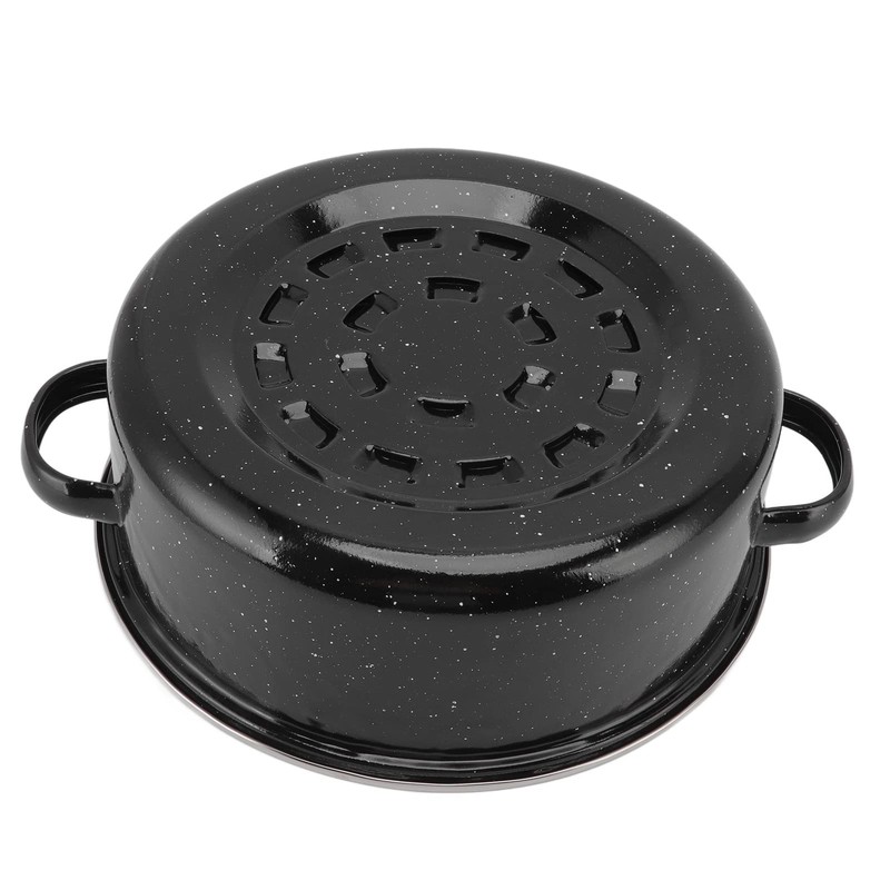 Black Enameled Steel Round Roaster Pot with Iron Lid and
