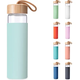 Yomious 20 Oz Borosilicate Glass Water Bottles with Silicone Sleeve BPA Free, Dishwasher Safe - Reusable Clear Glass Drinking with Leak Proof Bamboo Lid | Perfect Gym Water Bottles for Men & Women