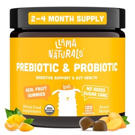 Llama Naturals Real Fruit Prebiotic & Probiotic Kids Gummies, No Added Sugar Cane, Vegan Organic Synbiotics, Children Digestion, Toddler Gut Health, 2B CFU, 120 ct (2-4 Months) Peach Mango