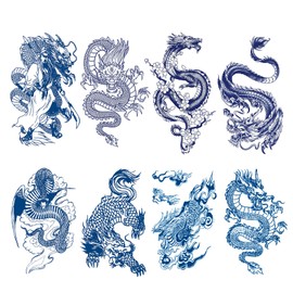 BREYLEE Tattoo Sticker, Large, Japanese Carved, Long Lasting, Waterproof, Stylish, Cool, Tattoo Sticker, Japanese Pattern, Men's, Women's, 5.9 x 8.3 inches (15 x 21 cm) (D(Dragon Series - 8 Pieces))