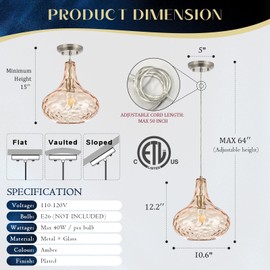 MERINEA 11" Amber Hammered Glass Pendant Light – Brushed Nickel Finish, Adjustable Hanging Cord, Modern Farmhouse Ceiling Light for Kitchen Island, Dining Room, Hallway