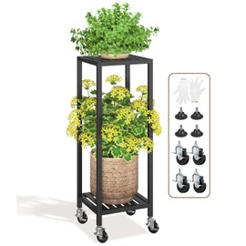 LASZOLA 2 Tier Black Metal Plant Stand Indoor Outdoor with Wheel for Large Planter, Modern Heavy Duty Tall Rolling Rack for Corner House Bathroom Patio Floor, Iron Flower Shelf Holder for Orchid Fern