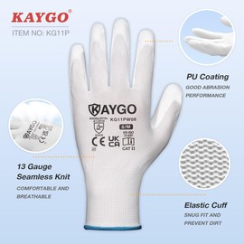 KAYGO KG11P Work Gloves for Men and Women, 12 Pairs, PU Coated Protective Gloves, Non-Slip Grip on Palms and Fingers, Suitable for General Work Warehouse DIY, KG11P (White, XL, Size 10)