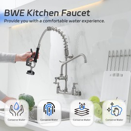 BWE Kitchen Faucet with Sprayer 20" Height Wall Mount Commercial Kitchen Sink Faucet with Pre-Rinse Sprayer 8" Adjustable Center for Restaurant Industrial Brushed Nickel