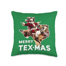 Texas Christmas Gifts by J Texas Merry Texmas Texan Christmas Santa Reindeer Rodeo Throw Pillow, 16x16, Multicolor