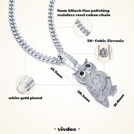 VIVDEC Iced Out Owl Necklace for Men Women, Real 18K White Gold Plated Bird pendant, Birthday & Christmas Jewelry Gift(with 24inch Cuban Chain, Delicate Package), 24 inches, Gold Plated, Cubic