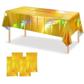 OQOQ Iridescent Table Cloths (4 Packs，Gold) - Rectangular Plastic Table Cover Disposable Tablecloth Waterproof Foil for Birthday Retirement Housewarming Graduation Party 54x108 Inches