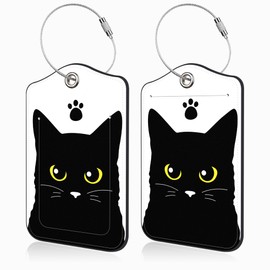 Set of 2 Luggage Tags Cute Black Cat Luggage Tags for Suitcases Leather Suitcase Tags Identifiers with Privacy Name Address Label and Stainless Steel Loop for Women Men Travel Luggage Accessories