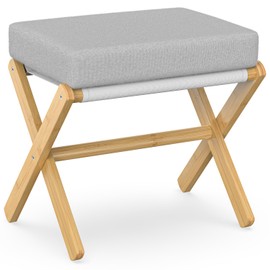 BAMBOOHOMIE Foldable Foot Stool Ottoman, Modern Foot Rest with Bamboo X Legs & Thick Foam Cushion, Folding Foot Stools Small Padded for Bedroom Living Room, Makeup Vanity Stool Chair (Natural - Grey)