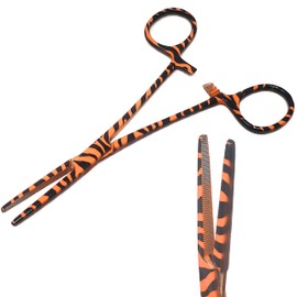 Dog Cat Pet Ear/Nose Hair Puller Grooming Hemostat Locking Forceps Straight Pliers, 5.5"(14cm) - Full Serrated Clamps - Made of Stainless Steel - Orange/Black Zebra Pattern - for Personal Use & Gifts