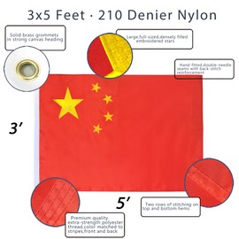 Anley EverStrong Series China Flag 3x5 Foot Heavy Duty Nylon - Embroidered and Sewn Stripes - 4 Rows of Lock Stitching - Chinese National Banner Flags with Brass Grommets 3 X 5 Ft
