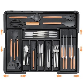 【SUHOPE】Christmas Silverware Organizer - Expandable Large Kitchen Drawer Organizer Utensil Organizer with 2 Removable Knife Blocks, 22"x 19"Cutlery Tray Drawer Dividers for Kitchen Flatware(6-9 Slots) (Black) cutlery holder - Color: Black