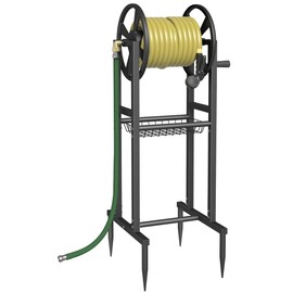 Garbuildman Ground Mount Garden Hose Reel Holds 125 Feet of 5/8-Inch with 3.9 ft Leader Hose, Brass Fitting, Water Hose Holder Stand with Storage Rack & 4 Spikes Base for Outdoor Lawn, Black