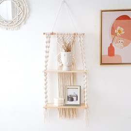 XQZMD Wooden Wall Shelf, Macrame Wall Hanging Shelf, Wall Decorations, Modern, Hand-Woven Floating Shelf, Macrame Decorative Wall Shelves for Living Room, Bedroom, Balcony, Double Layer