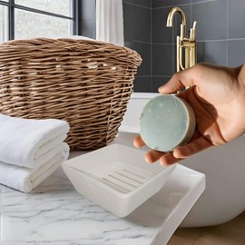 Vonpri Ceramic Soap Dish, Square Soap Holder Container Soap Saver for Handmade Bar Bathroom Shower Kitchen Minimalist Style (Matt White)