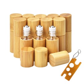 AUHOKY 12Pcs Bamboo Roll on Bottles for Essential Oils, Portable Massage Oil Bottle with Stainless Steel Roller Ball, Reusable Travel Perfumes Sample Lip Gloss Container (1 Opener) (5ML)