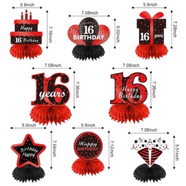 Red Black 16th Birthday Decorations Table Honeycomb Centerpieces, 8Pcs Happy 16 Year Old Birthday Table Topper Party Supplies for Boys Girls, Sixteen Birthday Table Centerpiece Decor