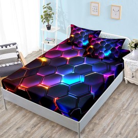 HOSIMA 3D Honeycomb Twin Size Bedding Set,Geometric Hexagon Pattern Fitted Sheet for Kids Teen Boy Room Decor,Lightweight Colorful Neon Lights Twin Bedding,1 Fitted Sheet+2 Pillowcases.