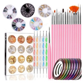 Bkrdty Nail Art Design Set 47 Pieces Nail Art Design Accessories 15 Nail Brushes 5 Dotting Pen 10 Rolls Nail Art Stripes 5 Nail Rhinestones 12 Nail Art Gold Foil for Nail Disigns Kit