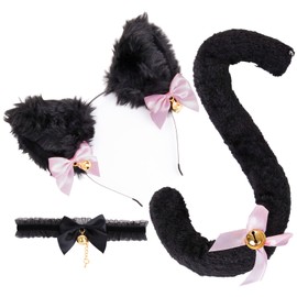Fumwase Cat Ears and Tail Set with Bells 3PCS Cat Cosplay Costume Set Cat Ears Headband Cat Tail Choker for Women Girls