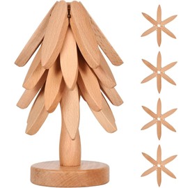 Wooden Trivets for Hot Dishes, Tree Shape Trivets Set, 4 Wooden Trivets + 1 Stand Stored Like a Christmas Tree, Beech Wood Trivets for Hot Pots, Pans, Bowl, teapot