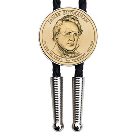 2010 Presidential Dollar BU Uncirculated Coin Simple Slide 36" black Leatherette Cord Silver Bolo Tie NEW - James Buchanan (1857-1861 Years Served)