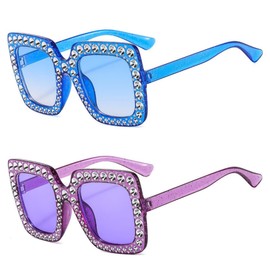 IKUVNA 2 Pairs Oversized Square Rhinestone Sunglasses for Women Men Crystal Thick Frame Bling Glasses Elton John Sparkling Glasses (Blue+Purple)
