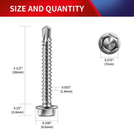 SG TZH (131Pcs)#8 x 1-1/2" Sheet Metal Screws 410 Stainless Steel Hex Washer Head Fast Self Tapping Screws Tek Screws with Hex Socket Included