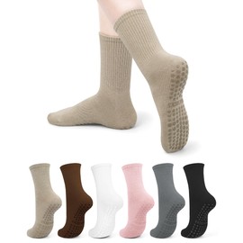 Justay 6 Pairs Pilates Socks with Grips for Women - Crew Non Slip Grippy Yoga Socks Athletic Ballet Dance Workout Hospital