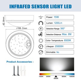 EXTRASTAR LED Ceiling Light, 15W LED Ceiling Lamp with Infrared Motion Sensor, 1200 Lumen Round Surface Mounted LED Panel Ceiling lamp, IP65 Waterproof for Outdoor&Indoor Use - 6500K Daylight