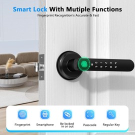 HEI LIANG Fingerprint Smart Door Lever,Keyless Entry Door Handle with App Control&Auto Lock,Minimalist Digital Lock with Hidden Keyhole for Bedroom,Home Office or Airbnb Hosts,Black