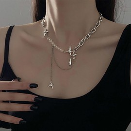 Inateannal Vintage Unregelmäßige Kette Halskette Silber Stern Anhänger Halskette Kristall Nordstern Halsketten Spleißen Perle Choker Halsketten Schmuck Für Frauen
