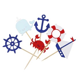 24 piezas de decoración náutica para cupcakes para fiestas temáticas de vela en el océano, fiestas de cumpleaños, baby shower, bodas, fiestas (velero, ballena, cangrejo, ancla, anillo salvavidas, timón)