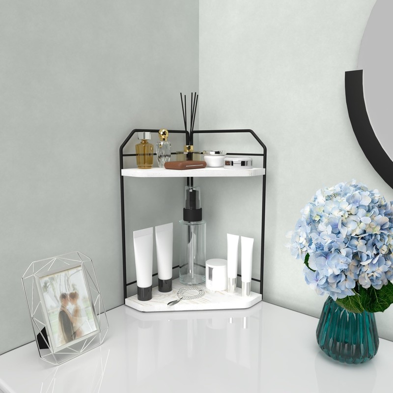 INIUNIK Corner Bathroom Counter Organizer - 2 Tier Wood Vanity
