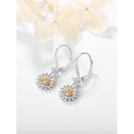 Dreamboat Daisy Dangle Leverback Earrings for Women 925 Sterling Silver Hypoallergenic Daisys Flower Drop Dangling Earring Valentines Day Anniversary Mother's Day Jewelry Gifts for Wife Her