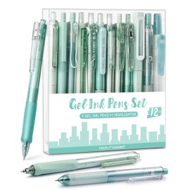 Four Candies Forest Series Gel Pens, Black & Green Ink Fine Point Smooth Writing Pens and Highlighter Set, Teal Office Supplies Back to School Stationery, Set of 12