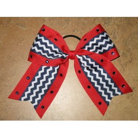"Handmade" NEW "NAVY & RED CHEVRON BLING" Cheer Bow Pony Tail 3" Ribbon Girls Cheerleading