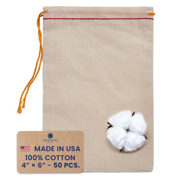 Celestial Gifts Muslin Bags with Drawstring 50pcs - 4 x 6 100% Cotton - Made in USA - Canvas Bags Bulk, Small Drawstring Bags, Cotton Muslin Bags, Jewelry Bags (Red Hem and Orange Drawstring)