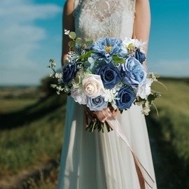 Blue Silk Flowers bulk Artificial - Fake Roses with Stems, Combo Dusty Blue Flowers for DIY Wedding Bouquets Bridal Shower Centerpieces, Home Decorations, Table Centerpieces, Floral Arrangement.