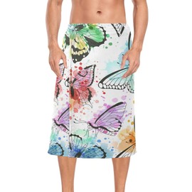 Kjovgcb Men's Half-Length Bath Towel Dress Bath Body Wrap, Absorbent Polyester Spa Towel Robe Bathrobe Elastic Waistband Print Colorful Watercolor Butterflies On White
