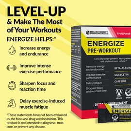 BODi Energize Pre Workout Powder - Beta-Alanine, Quercetin & Low-Dose Caffeine Formula for Enhanced Energy & Focus, Increase Energy & Endurance Supplement, Fruit Punch, 20 Sticks