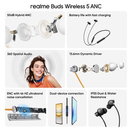 realme Buds Wireless 5 ANC in Ear Bluetooth Headphones, 50dB ANC, 13.6mm Dynamic Bass Driver, 360° Spatial Audio, 45ms Low Latency, Upto 38hrs Playback, IP55 Rating, Dual Device Connection - (Black)
