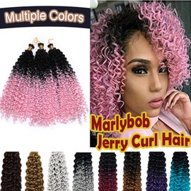 14 Inch Marlybob Crochet Hair Ombre Water Wave Synthetic Hairpieces Deep Wave Braiding Hair Weave Extensions Afro Jerry Curl Twist Hair Braids Hair Black Women 3 Packs/lot 270g W2-9 Black to Pink