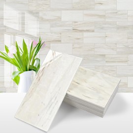 Vamos Tile 100-Piece Glossy Wooden Marble Grain Peel and Stick Backsplash Tile,3''x6'' PVC Subway Tile with White Grout, Stick on Backsplash for Kitchen/Bathroom/Fireplace